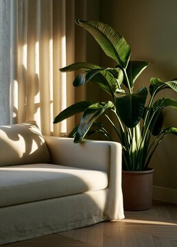 Living room with a beige sofa on the left side and a large potted plant on the right side. the plant has large, green leaves with pointed tips and is placed in a terracotta pot.
