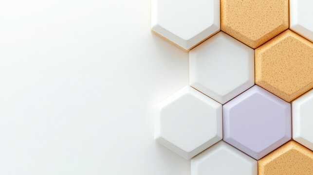 Stylish hexagon pattern with white, beige, and lavender tiles arranged on light background, creating modern and elegant design