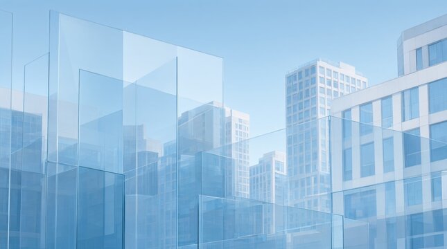 Transparent glass skyscrapers city skyline light blue background