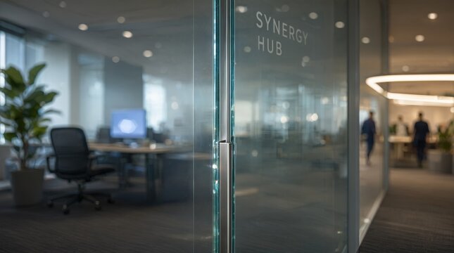 Blurred glass office partitions Synergy Hub business interior