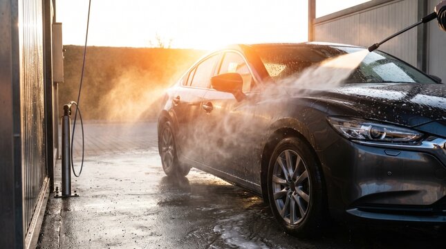 Modern car being washed with high pressure water spray at self service outdoor car wash station during sunset