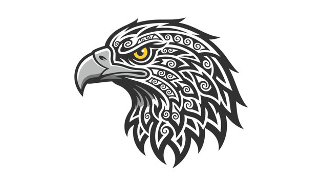 Artistic profile portrait of an eagle head decorated with intricate black tribal tattoos and a yellow eye.