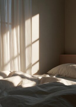 Bedroom with a bed in the foreground. the bed is covered with white sheets and two white pillows. the room has a beige wall and a window with sheer white curtains.