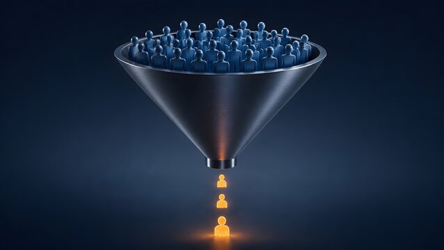 Conceptual sales funnel filtering a crowd of people to generate qualified leads and maximize conversion rates