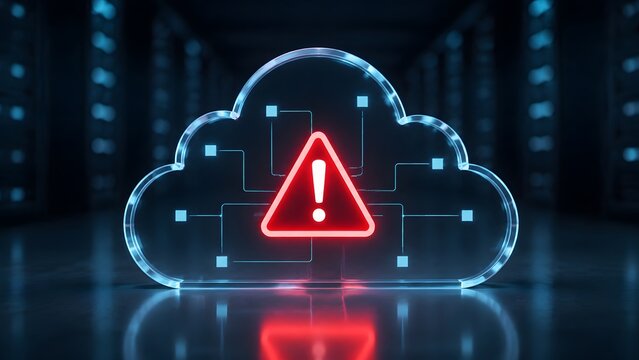 Digital cloud computing icon with a red warning triangle representing a cybersecurity threat or server data breach