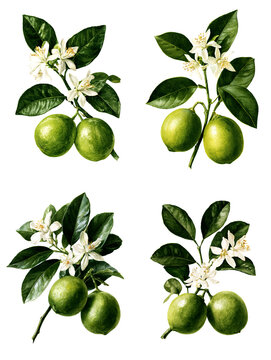 Detailed botanical illustrations of lime branches with blossoms