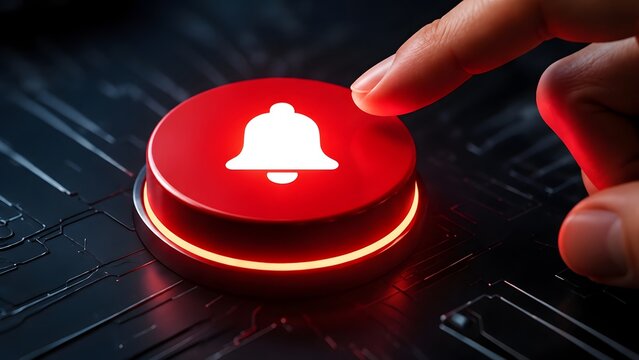 Hand pressing a glowing red notification bell button on a digital circuit interface for urgent alerts and subscription reminders
