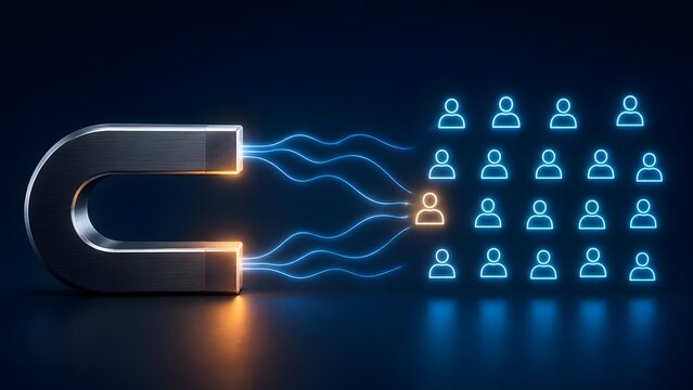 Metallic magnet attracting a glowing orange user icon from a crowd representing targeted lead generation and talent acquisition