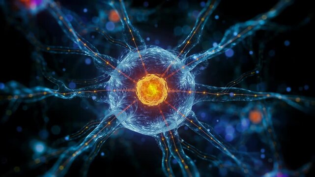 Neuron Firing in Brain with Glowing Synapses and Neural Network Connections Visualized for Science Education or Medical Research Concept