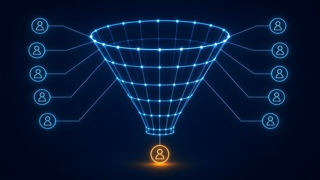 Digital wireframe sales funnel filtering a network of online users into a single glowing targeted lead