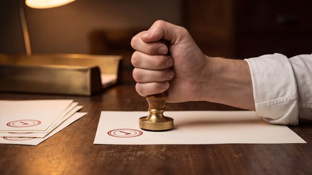 Hand Stamping Official Document with Brass Seal on Wooden Desk