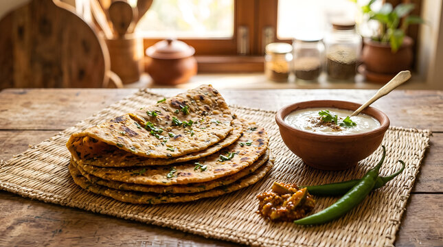 Indian paratha served with curd, pickle, and green chilies on a wooden table