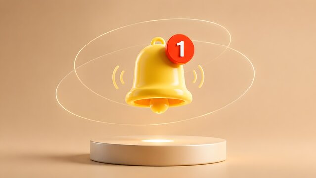 3D rendered yellow notification bell with unread message badge floating over a premium display podium