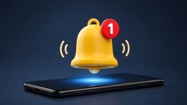 3D notification bell ringing over a mobile phone representing a new social media message or application push alert
