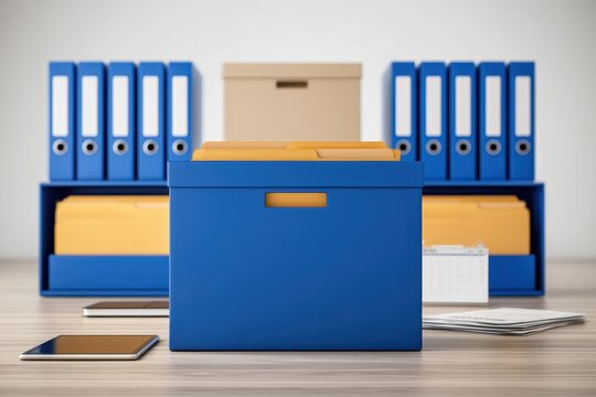 Corporate document management scene featuring labeled folders without readable text, archive boxes, filing trays, tablet, notebook, calendar, and organized paperwork arranged