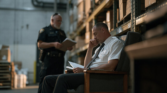 Night watchman in an industrial storage facility asleep upright in a designated rest pod chair, a senior guard standing nearby reviewing rounds, the intergenerational shift