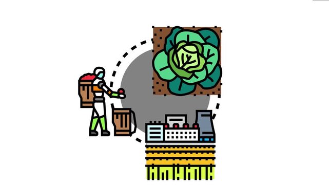 Vector depicting an agricultural cycle involving future farming, harvesting healthy crops, and subsequent industrial food processing and manufacturing at a facility
