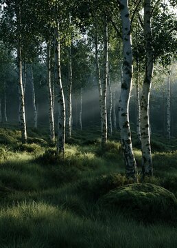 Group of birch trees in a forest. the trees are tall and slender, with white bark and green leaves. the ground is covered in grass and there is a large rock in the foreground.