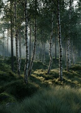 Group of birch trees in a forest. the trees are tall and slender, with thin trunks and white bark.