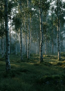 Group of birch trees in a forest. the trees are tall and slender, with white bark and green leaves.