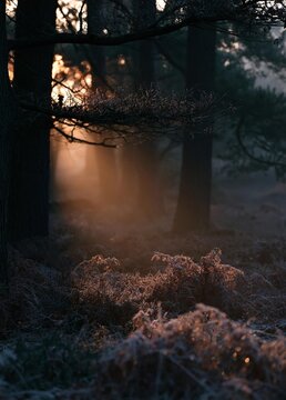 Photograph of a foggy forest at sunrise or sunset. the sky is orange and yellow, and the sun is shining through the trees, creating a warm glow that illuminates the scene.