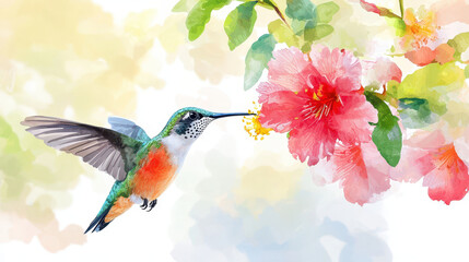 Naklejka premium Vibrant watercolor illustration of hummingbird hovering near pink hibiscus flower, showcasing beauty of nature and delicate artistry