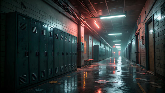 Eerie abandoned school hallway with neon lights and lockers