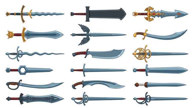 Collection of Fantasy Medieval Swords and Daggers Vector Illustration Set for RPG Games, Including Sabers, Rapiers, and Magical Blades on White Background