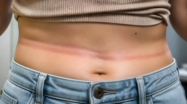 Human midriff showing tan line from clothing with denim and light source reflection