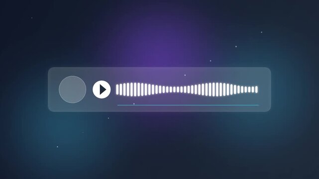 Abstract digital audio player interface featuring a sound waveform and play button on a dark cosmic background for podcast and music applications
