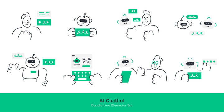 AI chatbot concept. Doodle line characters interact with robot assistants via chat bubbles, messages, smartphone and keyboard. 