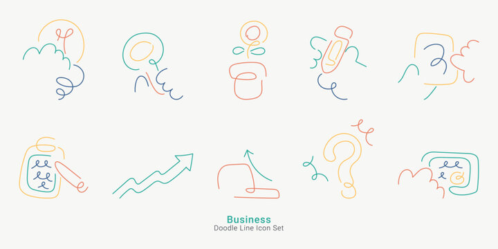 Business doodle line icon concept. Colorful scribble icons of idea, search, growth arrow, question mark and message.
