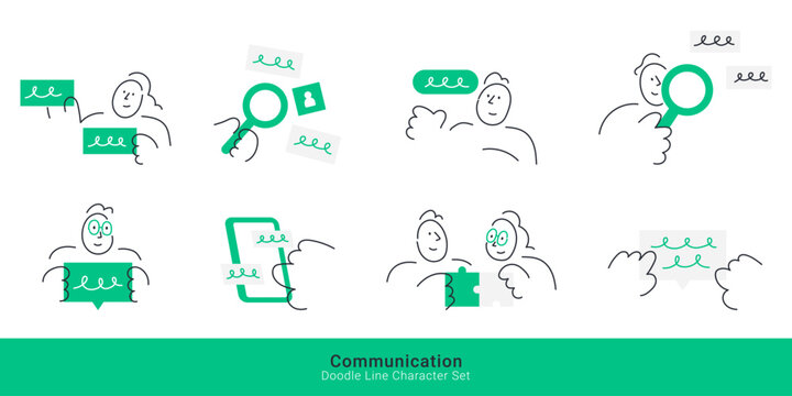 Communication concept. Doodle line characters hold chat bubbles, use magnifier, smartphone and puzzle pieces to connect.