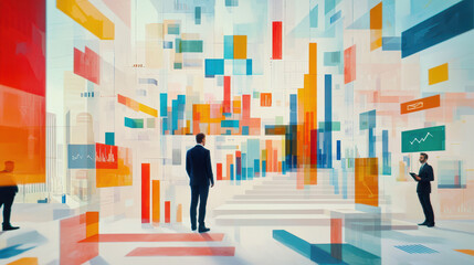 Fototapeta premium Futuristic digital landscape filled with colorful geometric shapes and data visualizations, depicting business environment