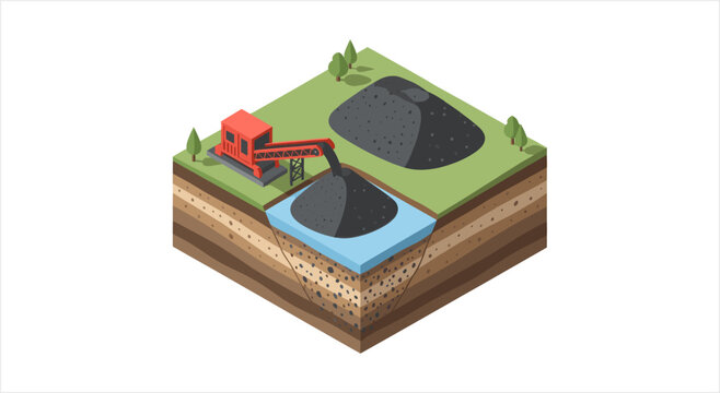 Coal mining operation with excavator and piles of coal.