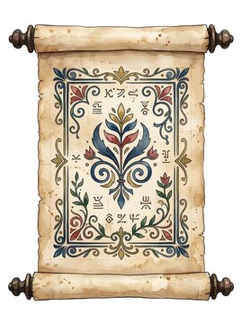 Vintage parchment scroll with ornate floral patterns and symbols