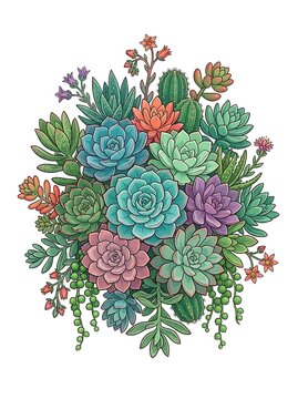 Illustrated succulent arrangement with colorful desert plants