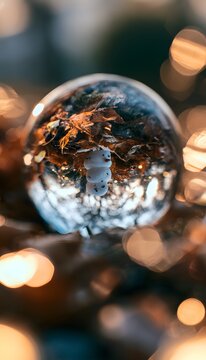 Serene winter magic a miniature snowscape reflected in crystal glass bokeh lights glow