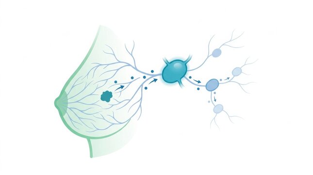Diagram shows the lymphatic system with lymph nodes and vessels related to breast anatomy and immune drainage pathways.