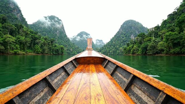 Scenic boat journey through tropical limestone mountains and emerald lake waters in thailand longtail boat