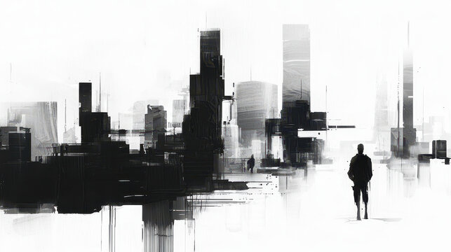 Monochromatic ink wash painting depicting futuristic cityscape with abstract buildings and solitary figure walking. scene evokes sense of solitude