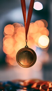 Triumphant achievement golden medal number one celebrates success inspiring victory and aspirational goals