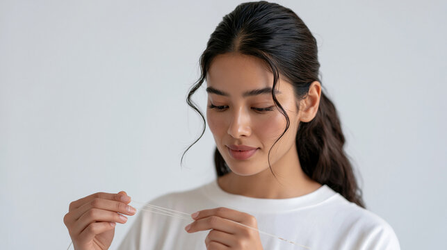 A single brow shaping specialist stands against a sterile white background holding fine precision threading tools, professional beauty technician portrait for salon services,
