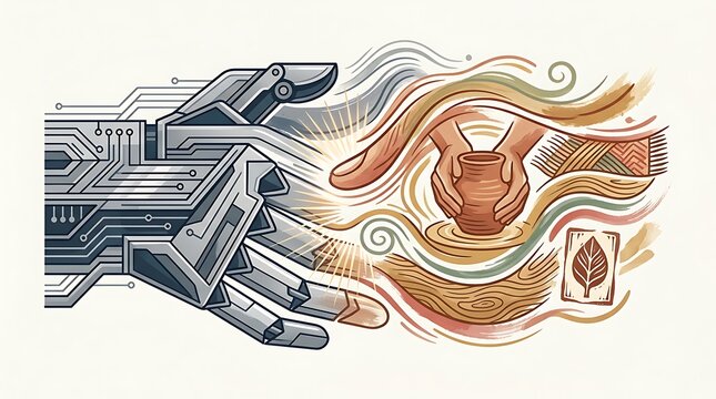 Robotic hand touching organic human craft and pottery art