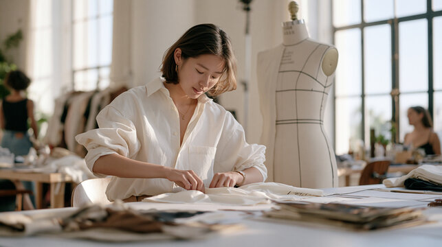 Costume designer in a sun drenched theatrical wardrobe room pinning fabric on a half dressed mannequin, swatches of muscle recovery inspired compression material spread across the