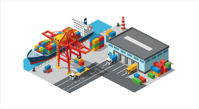 Isometric Port Scene with Cargo Ship and Crane.