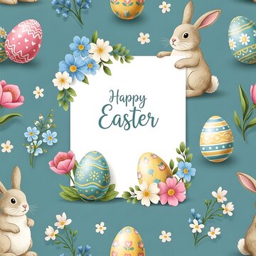 Colorful Easter celebration with bunnies and eggs decoration.
