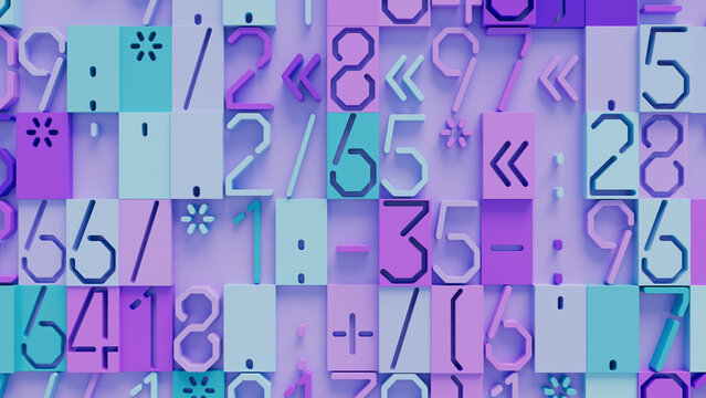 Vibrant Abstract Mosaic of Geometric Shapes and Numbers in Purple, Pink, and Blue, Ideal for Creative Digital Art and Graphic Design Projects