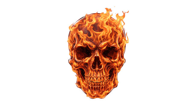 Flaming human skull with intense orange fire, burning skeleton head for heavy metal music art, hellish demonic skull concept isolated PNG with Transparent Background