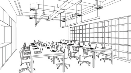 Fototapeta premium Modern educational classroom or training workspace outline illustration with rows of laptops and large shelving units